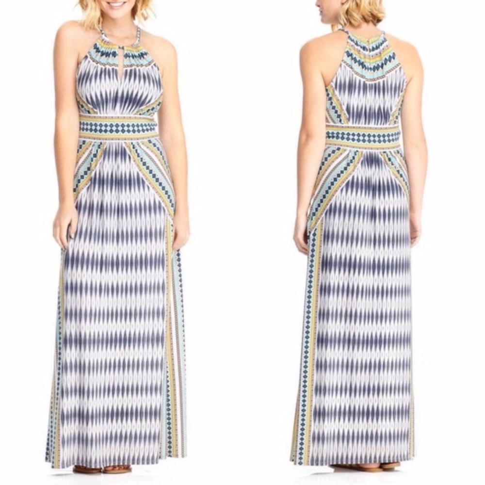 London Times Ikat Diamond Halter Maxi Dress